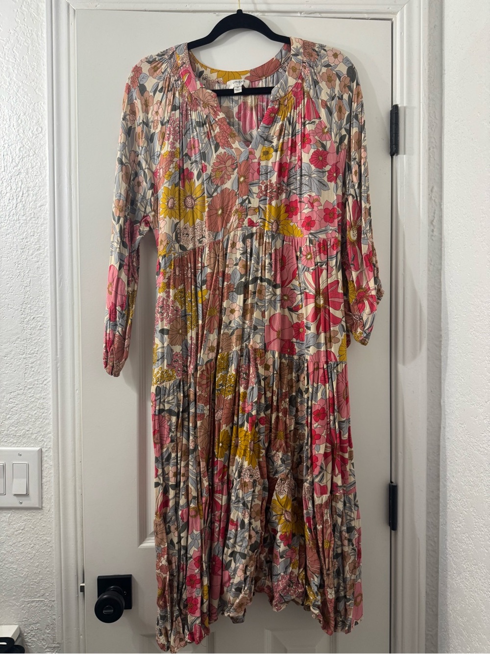 Umgee Floral Tiered Maxi Dress in Pink, Yellow & Beige